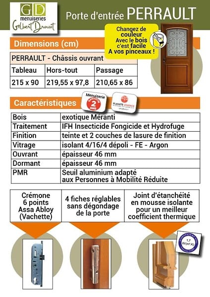 GD MENUISERIES - Porte d'entrée Bois Vitrée Perault, H215 x L90 cm Côte Tableau p. Gauche - large