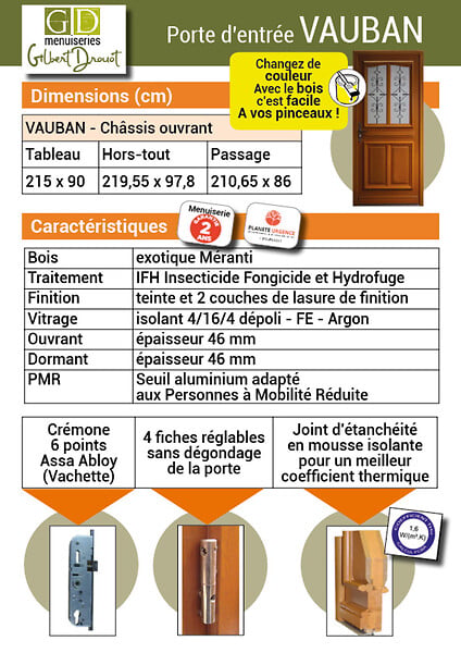GD MENUISERIES - Porte d'entrée Bois Vitrée Vauban, H200 x L80 cm Côte Tableau p.Droit (Poignée, Barillet ref IN158RPL2 - IN303NEW) - large