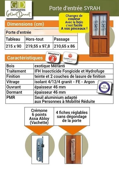 GD MENUISERIES - Porte d'entrée Bois Vitrée SyraH H215 x L90 cm Côte Tableau, p.Droit (Poignée, Barillet ref 010403FP) - large