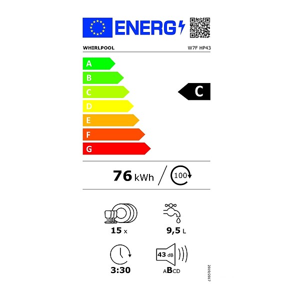 WHIRLPOOL - lave-vaisselle 60cm 15 couverts 43db blanc - W7FHP43 - large