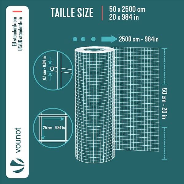 VOUNOT - Grillage a maille soude en acier gaine PVC 25mm fil 1mm 0.5x25m gris - large