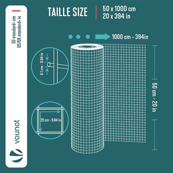 VOUNOT - Grillage a maille soude en acier gaine PVC 25mm fil 1mm 0.5x10m gris - large