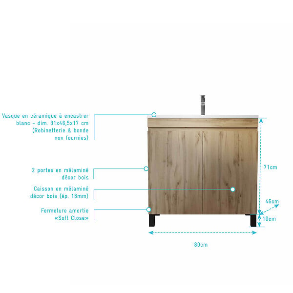 AURLANE - Meuble de salle de bains 80cm 2 Portes_Chêne Naturel + Vasque céramique blanche - TIMBER 80 - large