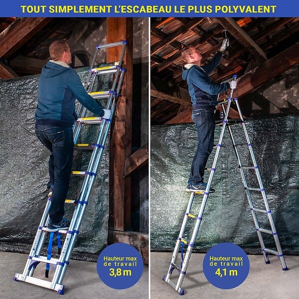 HOSTRÃ–M - Escabeau 9 marches telescopique EXTENDACT9, Echelle telescopique 2,6m+2,3m, escabeau pliable télescopique, H max travail 4,1m, Garantie 5 ans, Hostrom - large