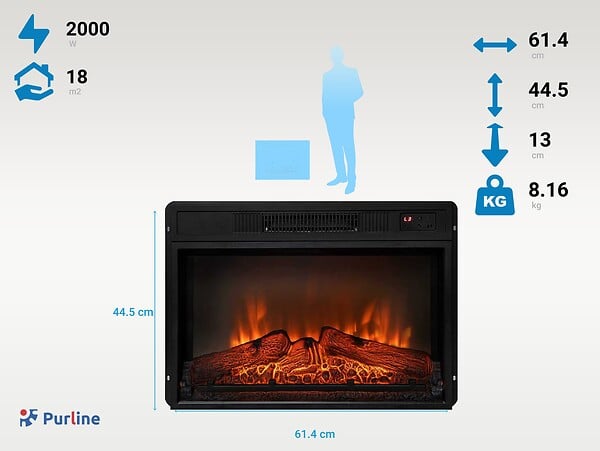 PURLINE - Cheminée électrique 2000W en verre trempé noir avec télécommande - large