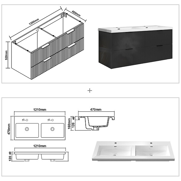 AICA SANITAIRE - Meuble de salle de bain suspendu 120 cm, 4 tiroirs, avec vasque blanche,MDF anthracite brillant - large