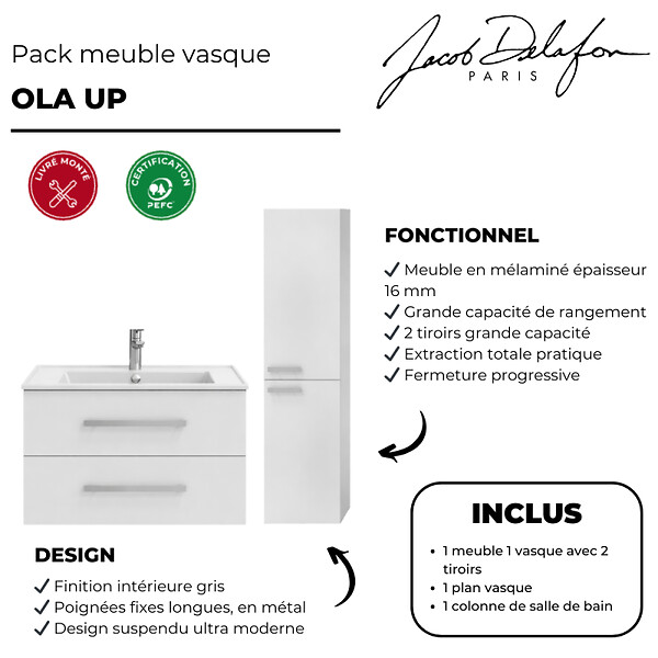 JACOB DELAFON - Pack meuble vasque 80 cm Ola up blanc + colonne - large