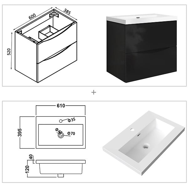 AICA SANITAIRE - Meuble de salle de bain suspendu 60 cm, 2 tiroirs, avec vasque blanche,MDF noir - large