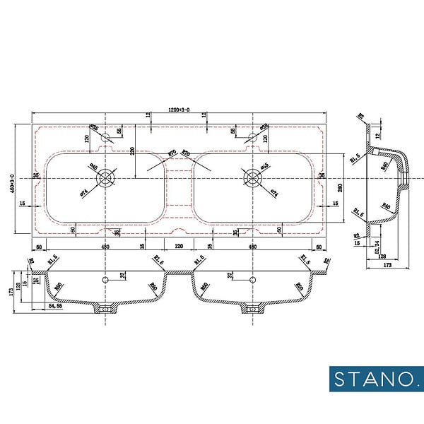 STANO - Meuble salle de bain design double vasque FORTINA largeur 120 cm chêne clair - large