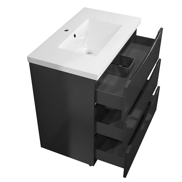 AICA SANITAIRE - Meuble de salle de bain 80 cm, 3 tiroirs, MDF anthracite, avec vasque + pieds - large