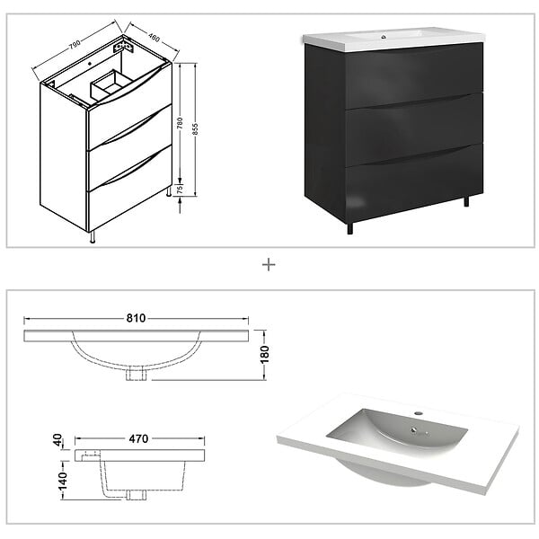 AICA SANITAIRE - Meuble de salle de bain 80 cm, 3 tiroirs, MDF anthracite, avec vasque + pieds - large