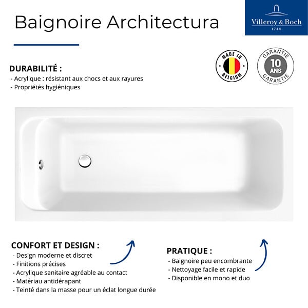 VILLEROY ET BOCH - Baignoire droite 140 X 70  Architectura acrylique - large