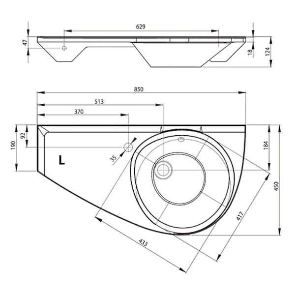 RAVAK - Ravak Avocado Comfort Lavabo 85x45cm, style asymétrique gain de place orientation gauche avec perçage et trop plein (XJ1L1100000) - large