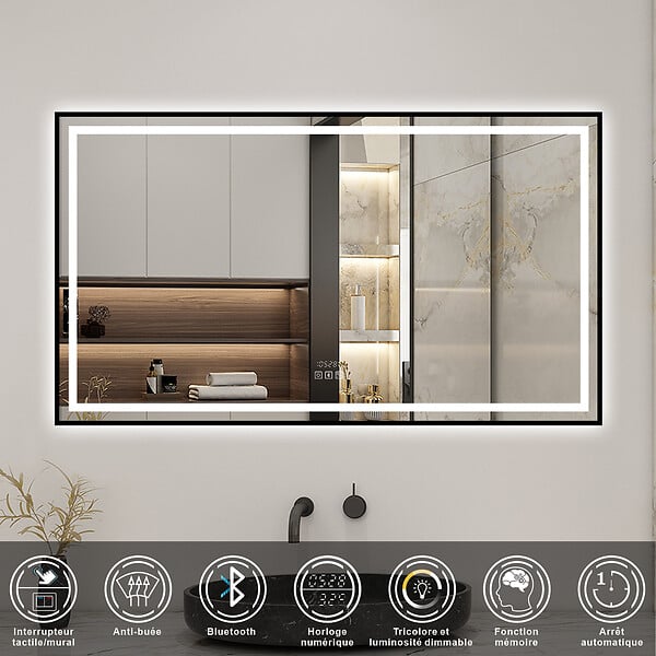 AICA SANITAIRE - Miroir de Salle de Bain LED Intelligent 160x80 cm - Anti-Buée, Bluetooth, Horloge, Variateur de Lumière 3C - large