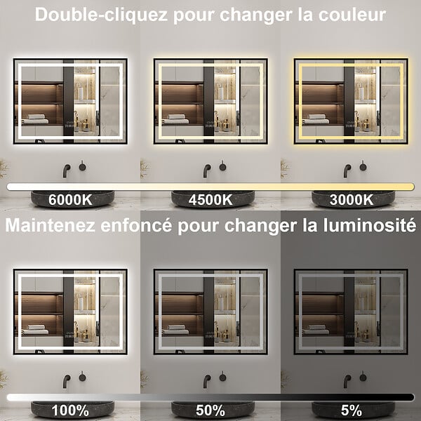 AICA SANITAIRE - Miroir de Salle de Bain LED Intelligent 160x80 cm - Anti-Buée, Bluetooth, Horloge, Variateur de Lumière 3C - large