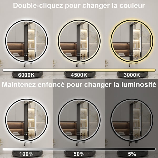 AICA SANITAIRE - Miroir Salle de Bain rond LED 60x60 cm - Anti-Buée, Bluetooth, Horloge, Installation Murale Facile - large