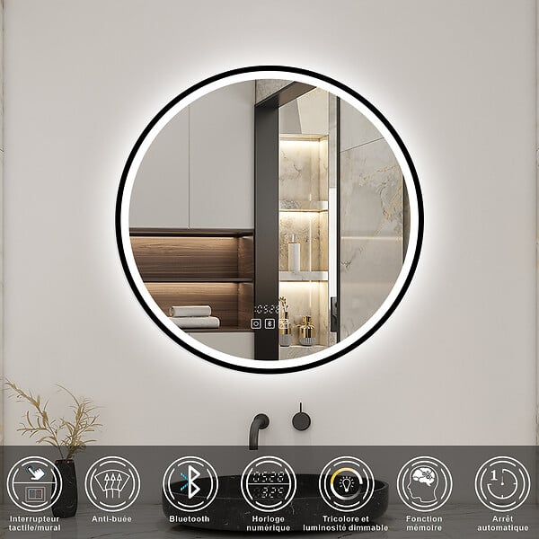 AICA SANITAIRE - Miroir Salle de Bain rond LED 100x100 cm - Anti-Buée, Bluetooth, Horloge, Installation Murale Facile - large