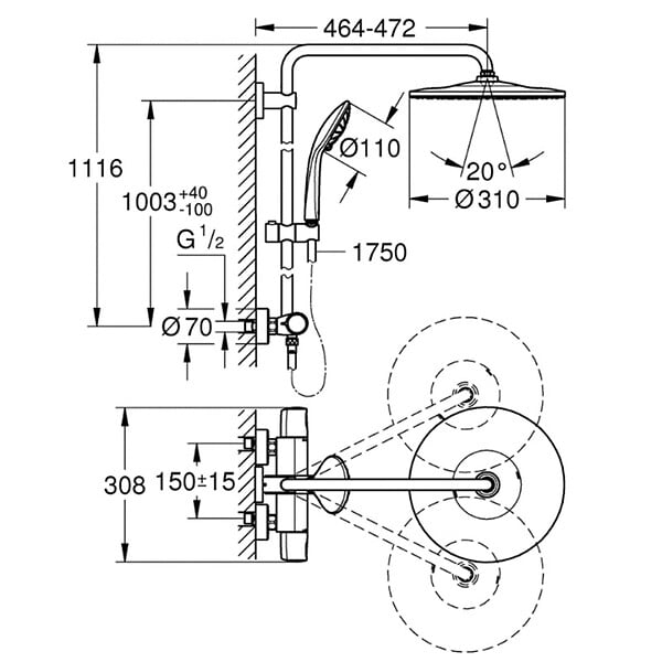 GROHE - VITALIO JOY SYSTEM 310 Colonne de douche thermostatique, Douchette 3 jets, Chrome (26400001) - large