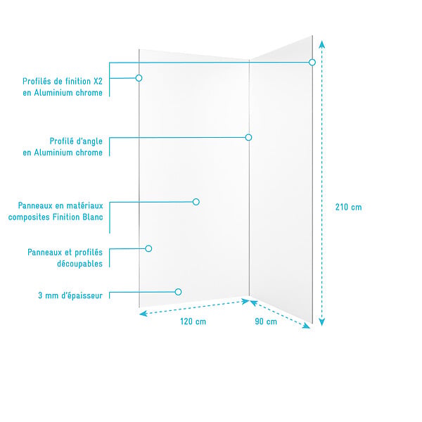 AURLANE - Lot de 2 Panneaux Muraux Aluminium Blanc 90+120 x 210 cm avec Profilés Chrome - WALL'IT - large