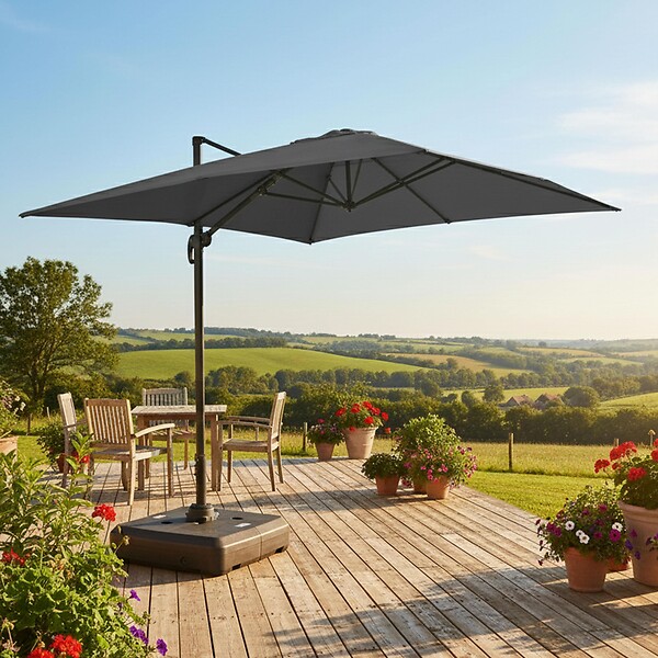 OVIALA - Parasol déporté 4x3 m 360° inclinable + à lester sur roues gris - Caserta - large
