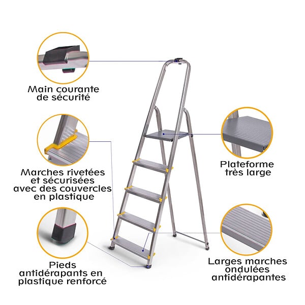 HOSTRÃ–M - Escabeau 5 marches DURA pliable, marchepied léger en aluminium, hauteur plateforme 97cm, pieds antidérapants, charge 150kg, garantie 5 ans Hoström - large