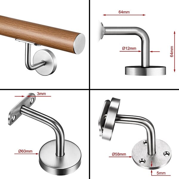 AICA SANITAIRE - Main courante inox 304 pour intérieur et extérieur -couleur marron Design bois naturel- en 180cm- Fixation murale incluse - large