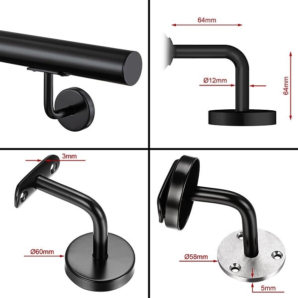 AICA SANITAIRE - Main courante inox 304 pour intérieur et extérieur -couleur noir- en 200cm-Fixation murale incluse - large
