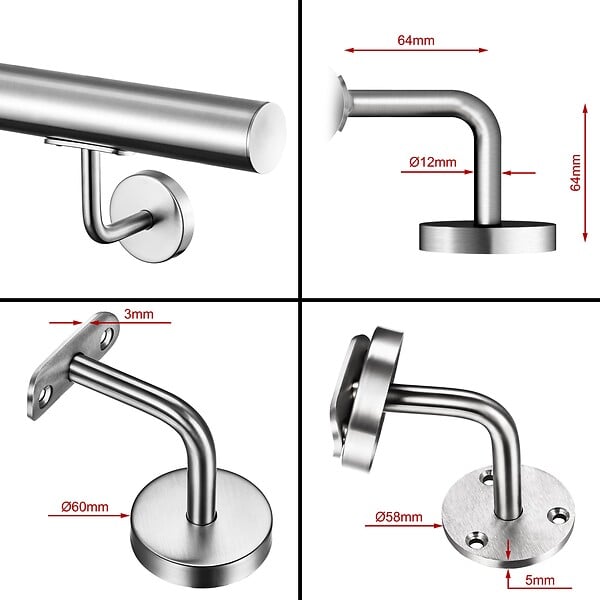 AICA SANITAIRE - Main courante inox 304 pour intérieur et extérieur - couleur argent- en 180cm- Fixation murale incluse - large