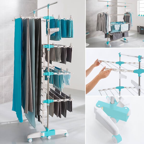 ID MARKET - Séchoir à linge vertical pliable 4 niveaux OPTIMUM capacité 30M avec tringle télescopique blanc et bleu - large