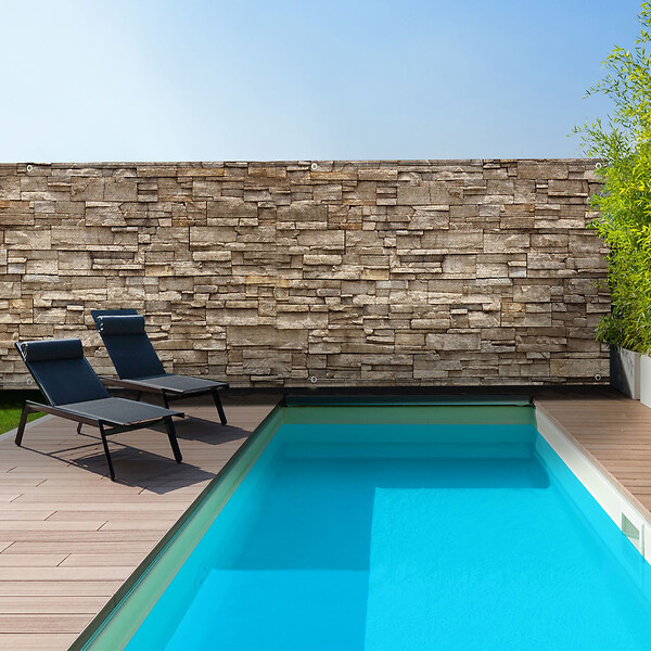 ID MARKET - Brise vue occultant 1,8 x 10 M motif pierre marron 160 gr/m² - large