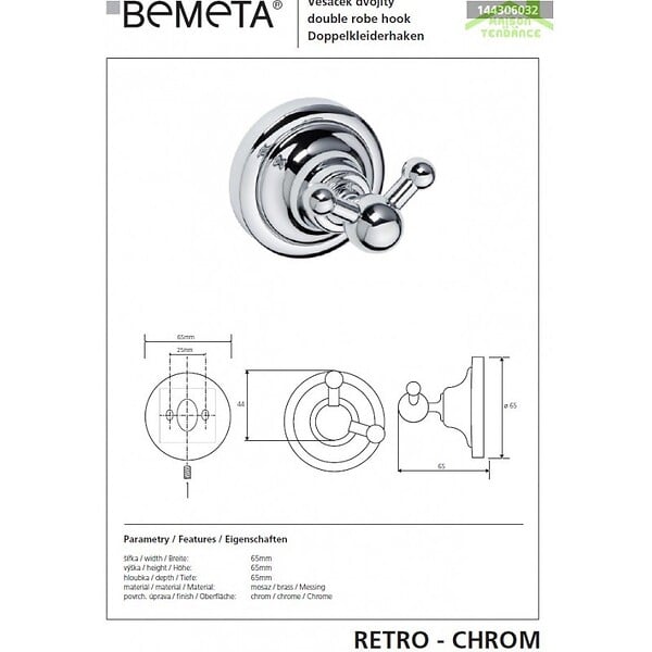BEMETA - Patère double RETRO en chrome 6,5x6,5x6,5 cm - large