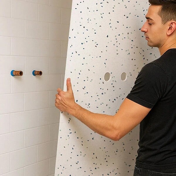 99DECO - Lot de 2 panneaux de douche en PVC (90x220 & 120x220 cm) + profilés blanc - Terrazzo Mineral - Multicolore - large