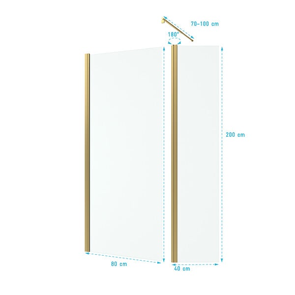 AURLANE - Paroi de Douche et Volet Pivotant 80+40x200 cm - Profilé + Barre de Fixation Or Doré Brossé - large