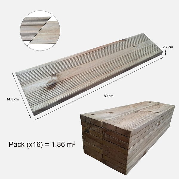 VINUOVO - Pack 16 Lames terrasse bois autoclave  80 x 14,5 x 2,7 cm (Long.x larg. x épaisseur)  1 côté lisse / 1 rainuré - large