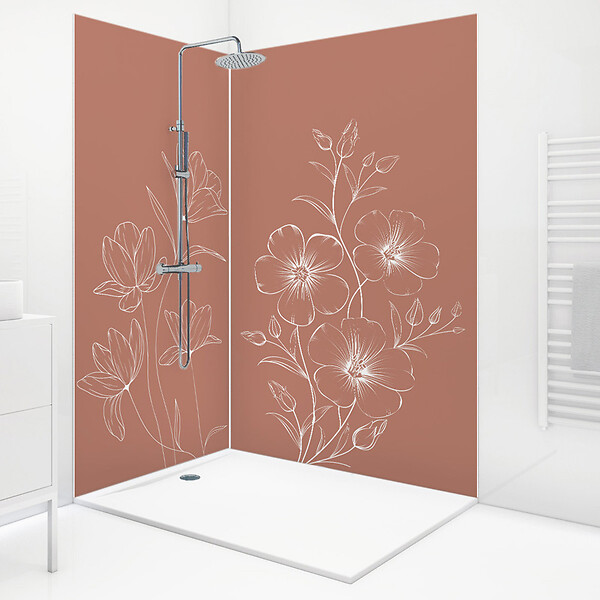 99DECO - Lot de 2 panneaux de douche en aluminium (90x220 & 120x220 cm) + profilés blanc - Charme - Blanc et Terracotta - large