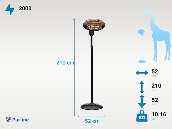 PURLINE - Chauffage halogène 2000W sur pied hauteur réglable, pour intérieure ou extérieure - large