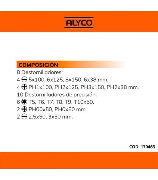 ALYCO - Set Mixte de 18 Tournevis Alyco Orange 170463 - large