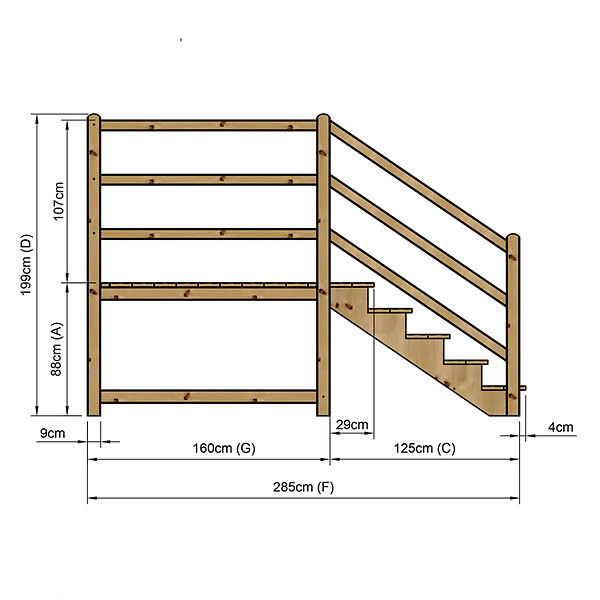 VINUOVO - MILANO - Escalier en bois 5 marches H88 cm - sans contre-marche - Palier L120 x P189 cm - Rambarde escalier gauche, palier gauche et en face - large