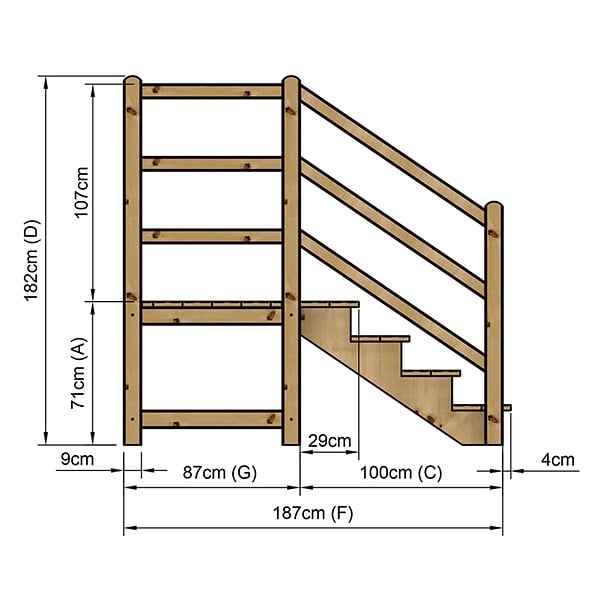 VINUOVO - MILANO - Escalier en bois 4 marches H71 cm - sans contre-marche - Palier L120 x P116 cm - Rambarde escalier et palier à gauche - large