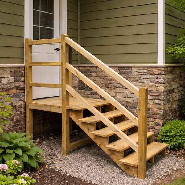 VINUOVO - MILANO - Escalier en bois 4 marches H71 cm - sans contre-marche - Palier L120 x P116 cm - Rambarde escalier et palier à gauche - large