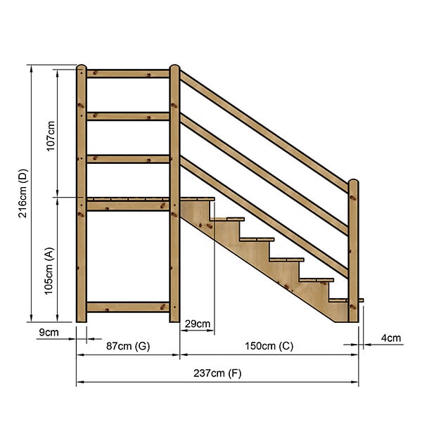 VINUOVO - MILANO - Escalier en bois 6 marches H105 cm - sans contre-marche - Palier L120 x P116 cm - Escalier rambardes des 2 côtés,Palier à droite et en face - large
