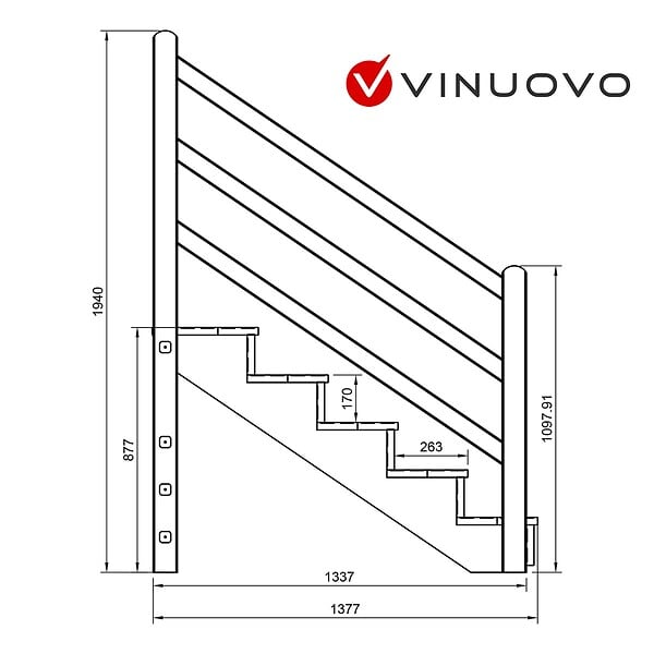 VINUOVO - Escalier extérieur VENEZIA Rambarde à gauche - 5 marches H88cm L-120cm avec contremarches - large