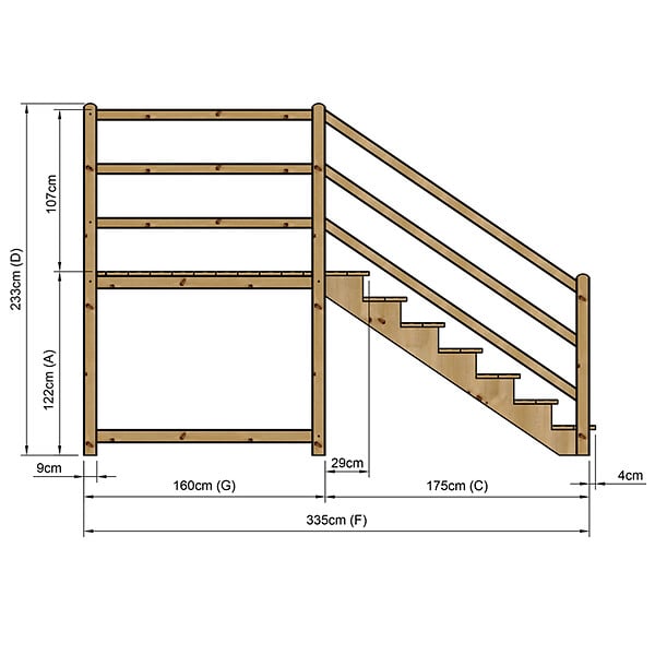 VINUOVO - MILANO - Escalier en bois 7 marches H122 cm - sans contre-marche - Palier L120 x P189 cm - Escalier rambardes des 2 côtés,Palier à droite et en face - large