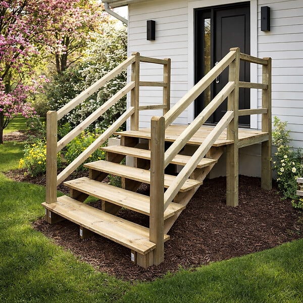 VINUOVO - MILANO - Escalier en bois 6 marches H105 cm - sans contre-marche - Palier L120 x P116 cm - Rambardes escalier et palier des 2 côtés - large
