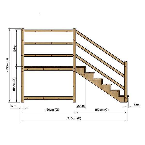 VINUOVO - MILANO - Escalier en bois 6 marches H105 cm - avec contre-marches - Palier L120 x P189 cm - Rambarde escalier gauche, palier gauche et en face - large