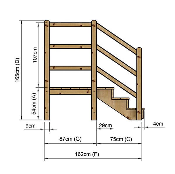 VINUOVO - MILANO - Escalier en bois 3 marches H54 cm - avec contre-marches - Palier L120 x P116 cm - Rambardes escalier et palier des 2 côtés - large