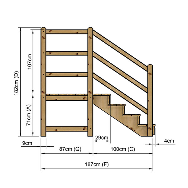 VINUOVO - MILANO - Escalier en bois 4 marches H71 cm - avec contre-marches - Palier L120 x P116 cm - Rambarde escalier gauche, palier gauche et en face - large