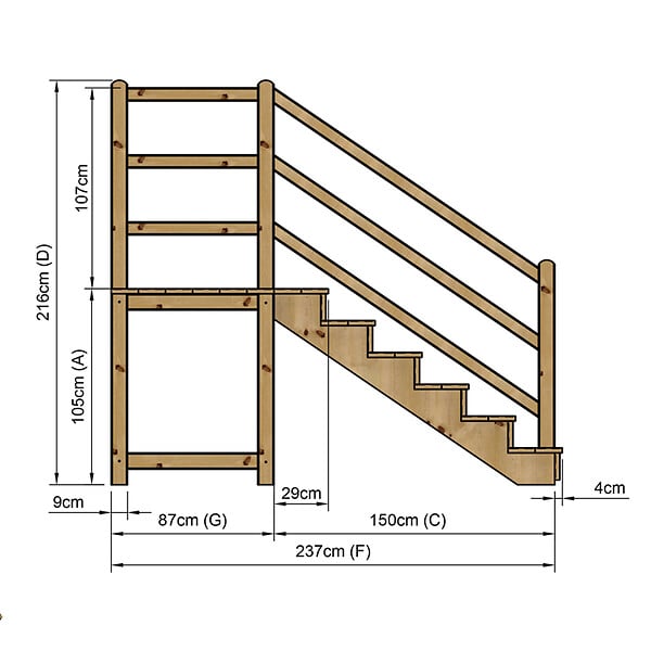 VINUOVO - MILANO - Escalier en bois 6 marches H105 cm - avec contre-marches - Palier L120 x P116 cm - Rambardes escalier et palier à droite - large