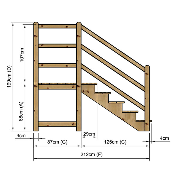 VINUOVO - MILANO - Escalier en bois 5 marches H88 cm - sans contre-marche - Palier L120 x P116 cm - Escalier rambardes des 2 côtés,Palier à droite et en face - large