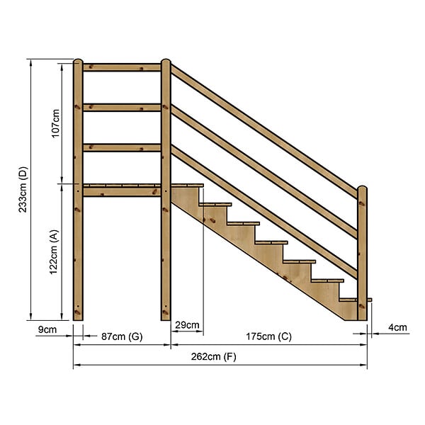VINUOVO - MILANO - Escalier en bois 7 marches H122 cm - sans contre-marche - Palier L120 x P116 cm - Rambardes escalier et palier des 2 côtés - large